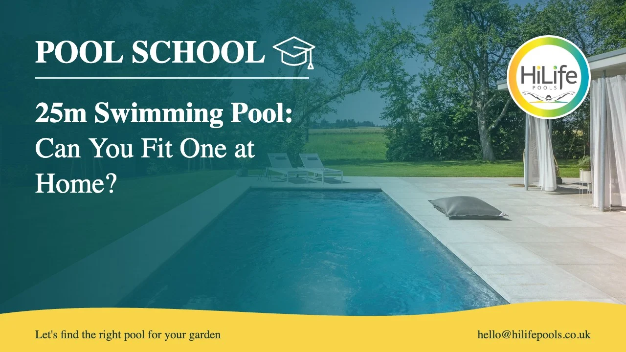 25m swimming pool guide from HiLife Pools, with a pool with a swim jet and pergola