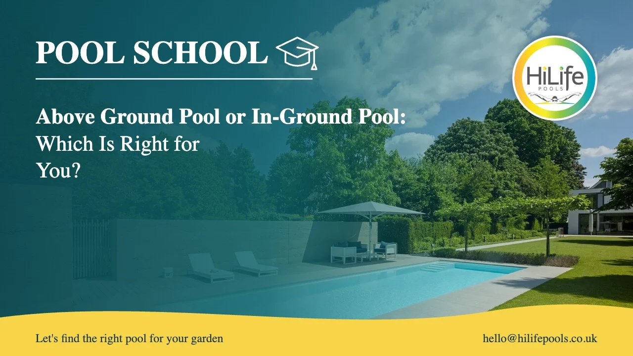Above ground pool guide from HiLife Pools, with a garden pool, lawn and blue sky