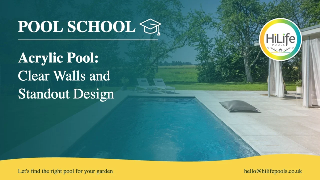 Acrylic pool guide from HiLife Pools, with a pool with a swim jet and pergola.