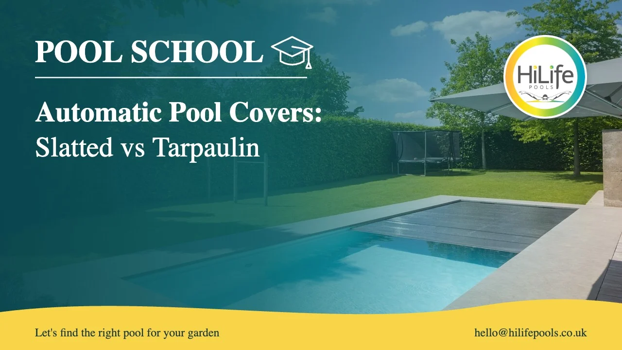 Automatic pool covers guide from HiLife Pools, with a garden pool with a slatted cover