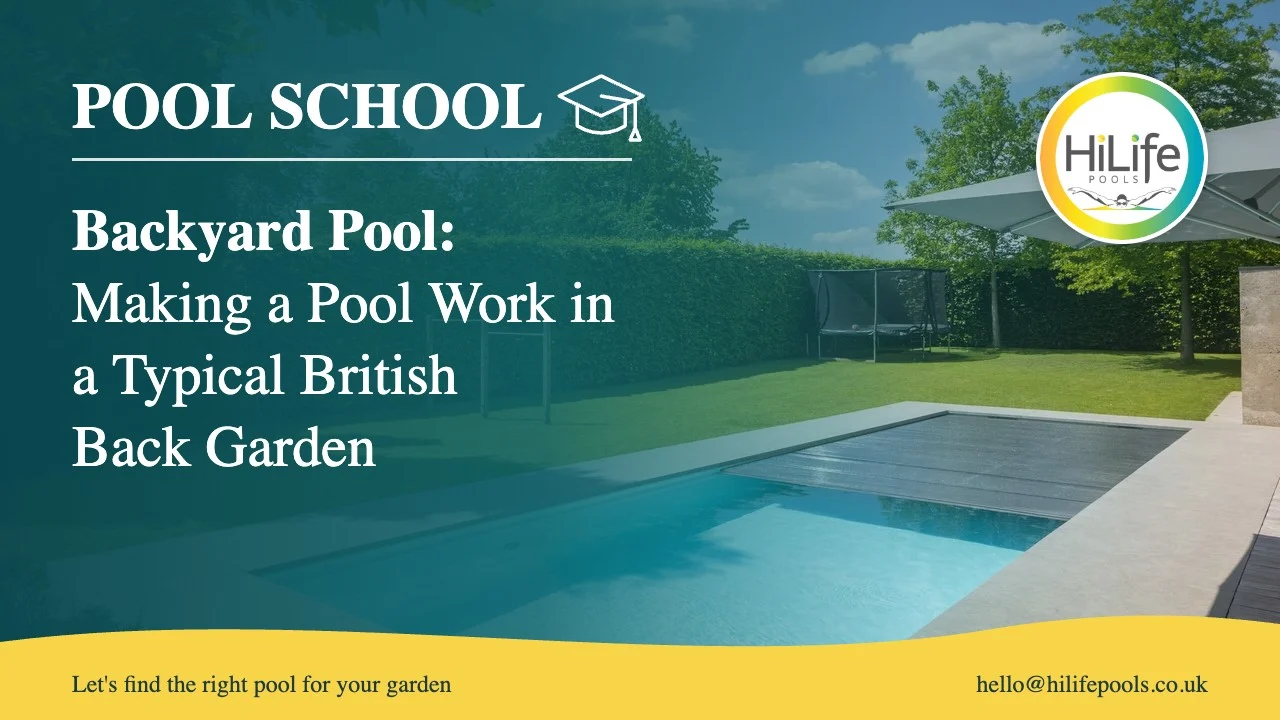 Backyard pool guide from HiLife Pools, with a garden pool with a slatted cover.