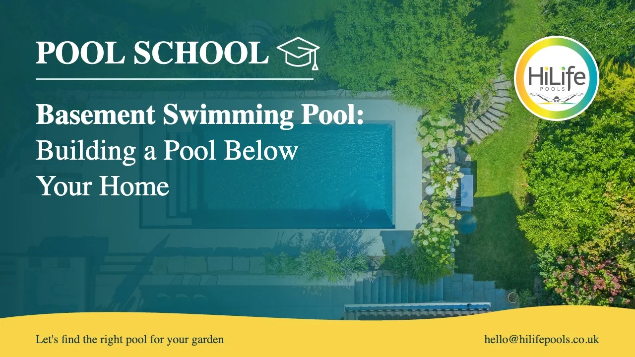 Basement swimming pool guide from HiLife Pools, with an aerial view of a garden pool.