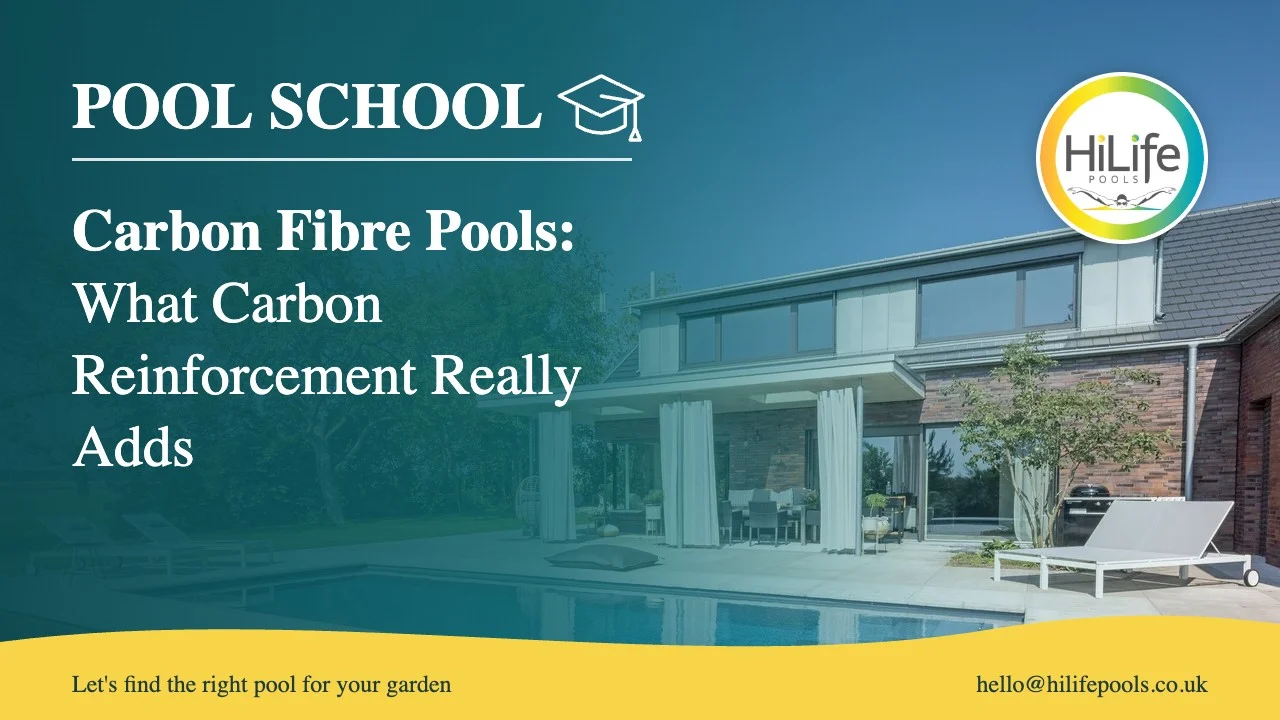 Carbon fibre pools guide from HiLife Pools, with a pool beside a covered terrace.