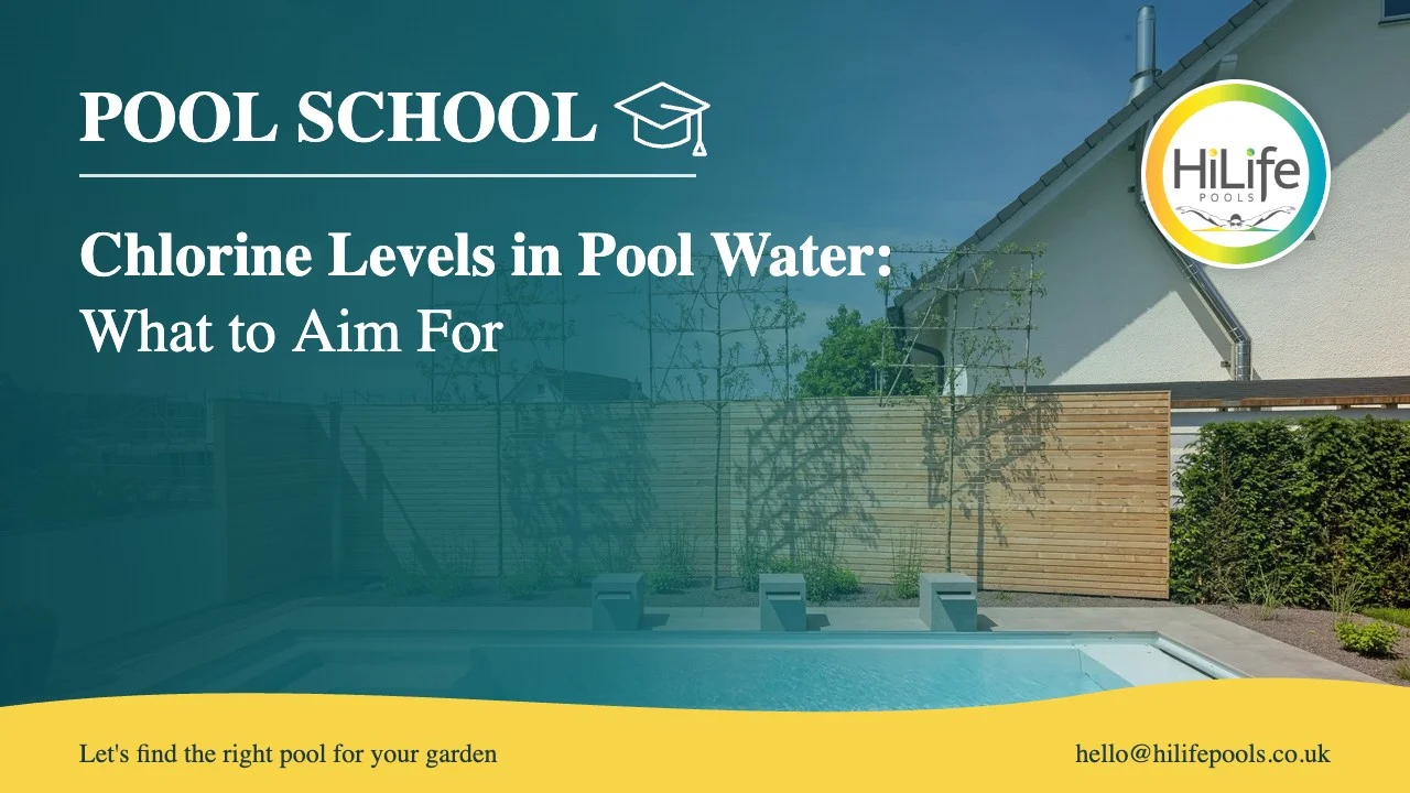 Chlorine levels in pool guide from HiLife Pools, with wide entry steps and a timber fence