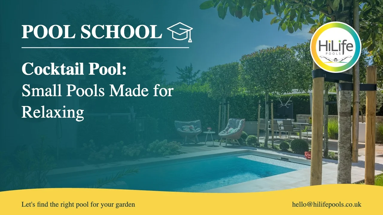 Cocktail pool guide from HiLife Pools, with patio seating beside a garden pool