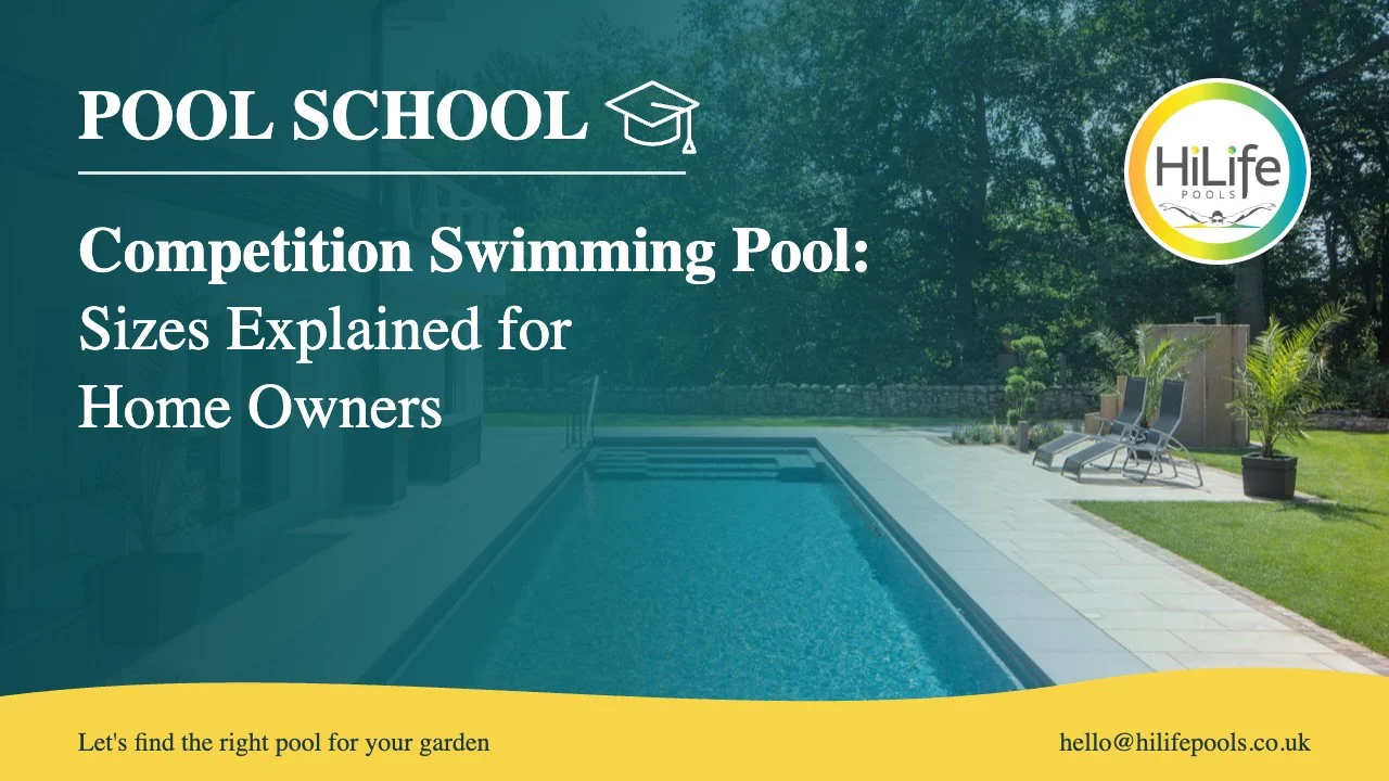 Competition swimming pool guide from HiLife Pools, with a long pool beside a house