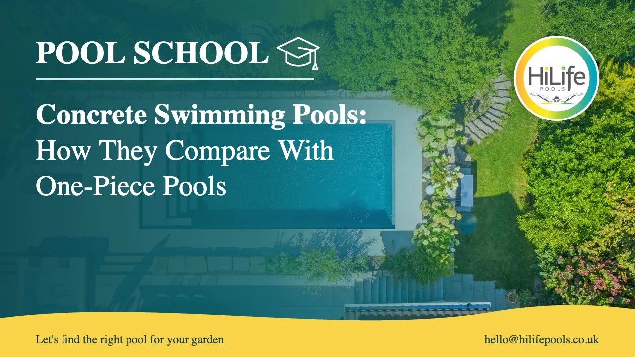 Concrete swimming pools guide from HiLife Pools, with an aerial view of a garden pool.