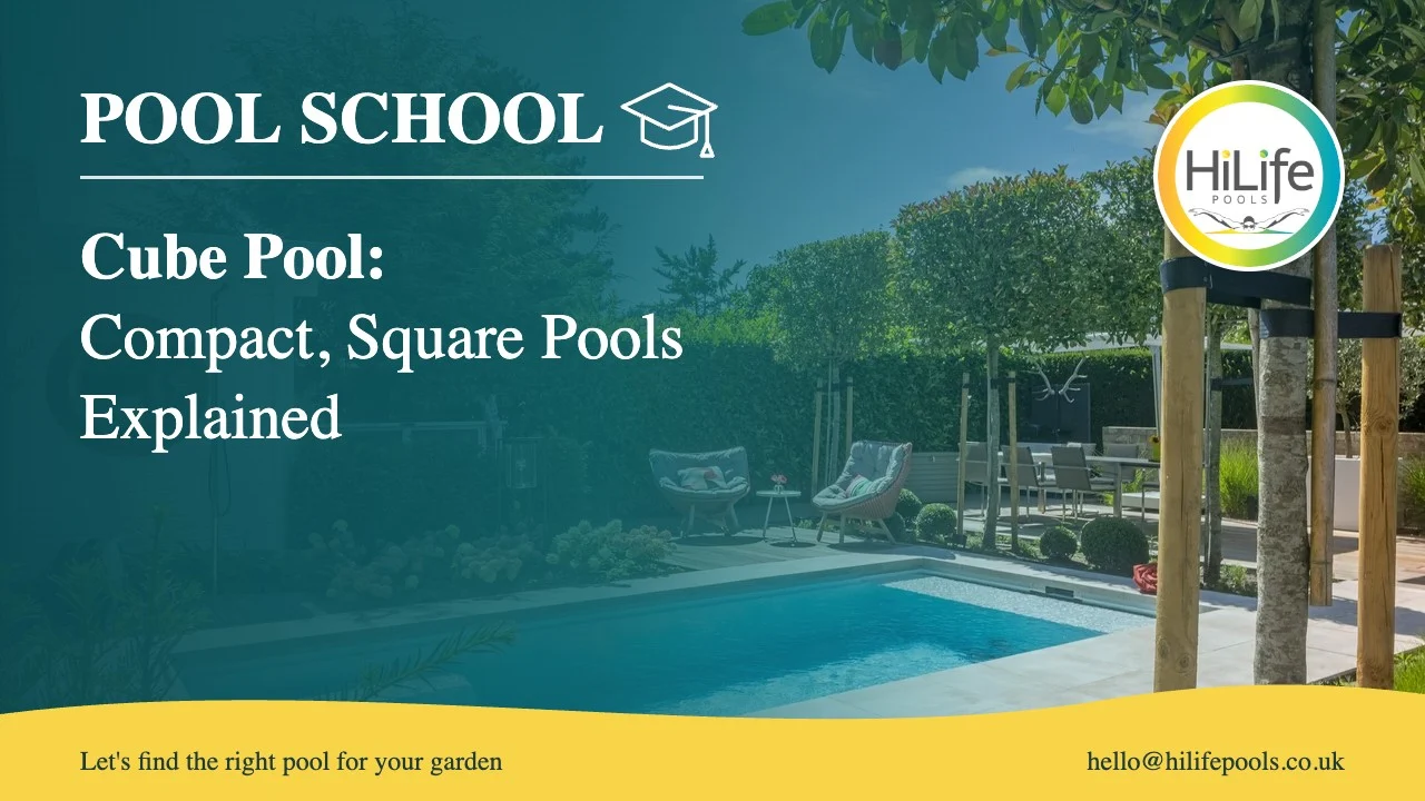 Cube pool guide from HiLife Pools, with patio seating beside a garden pool.
