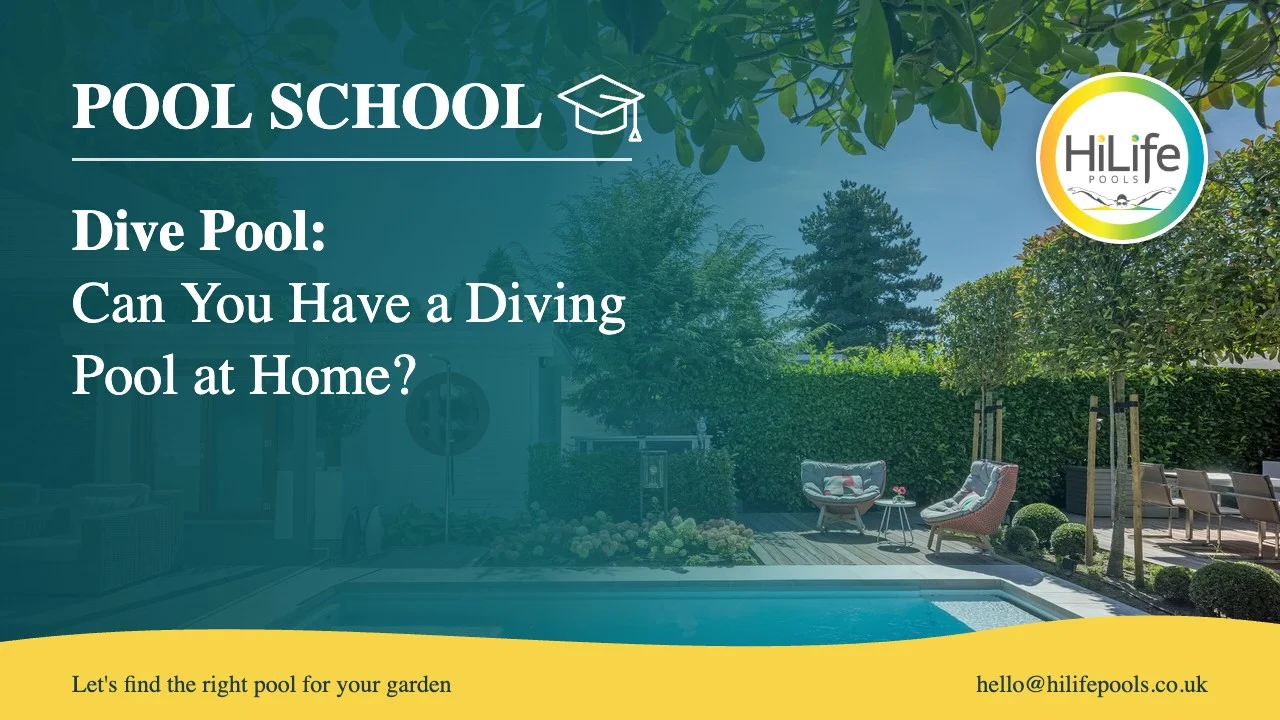 Dive pool guide from HiLife Pools, with a pool beside a garden room and planting