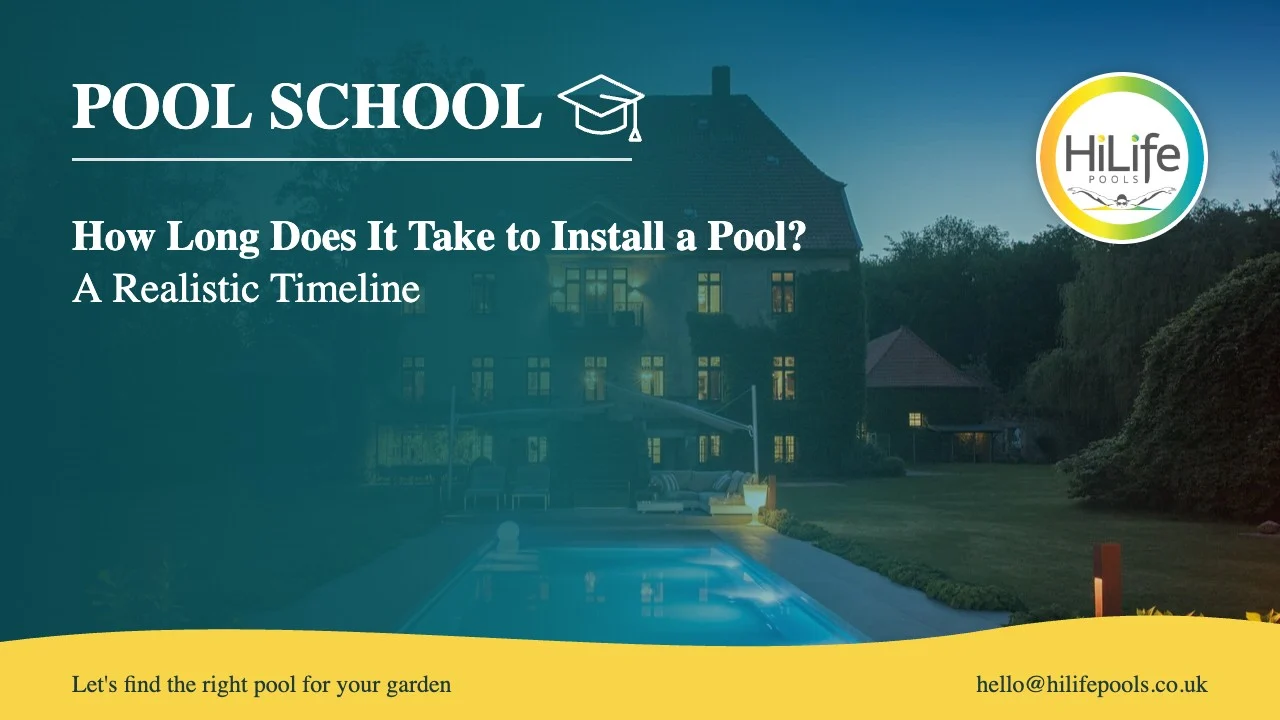 How long does it take to install a pool guide from HiLife Pools, with a pool at dusk beside a period house.
