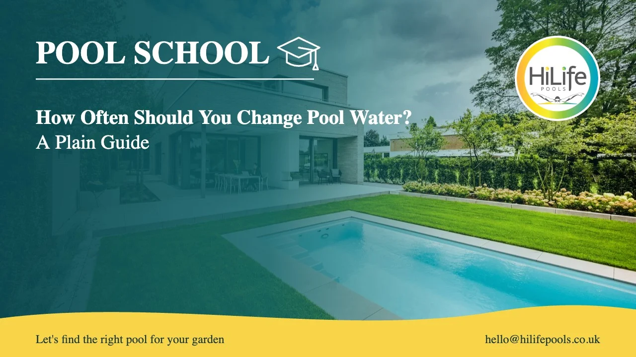How often should you change pool water guide from HiLife Pools, with a modern house and long garden pool