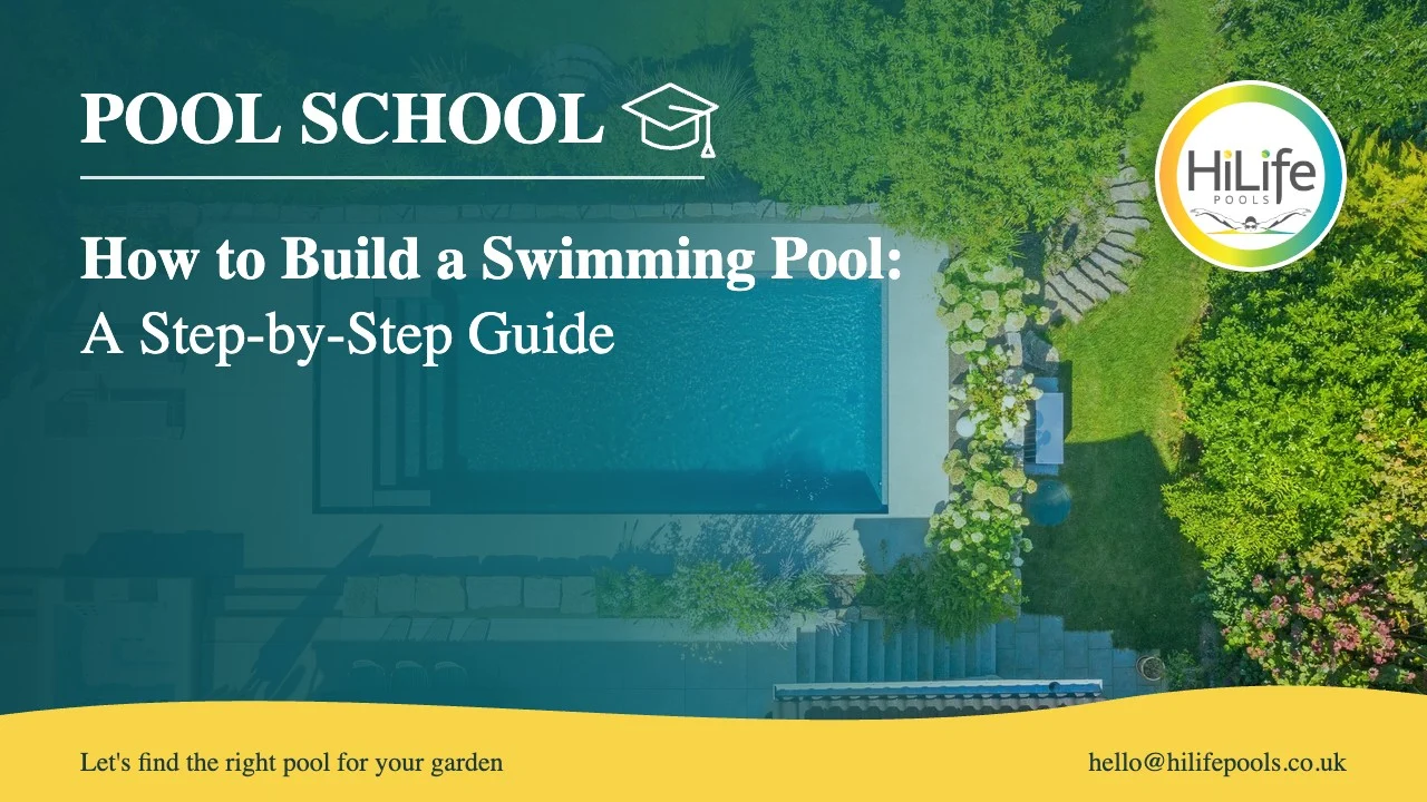 How to build a swimming pool guide from HiLife Pools, with an aerial view of a garden pool
