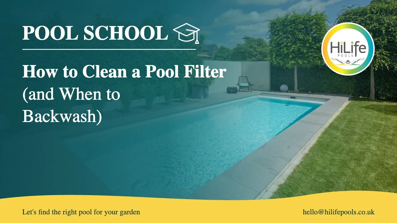 How to clean a pool filter guide from HiLife Pools, with pool steps in a hedged garden