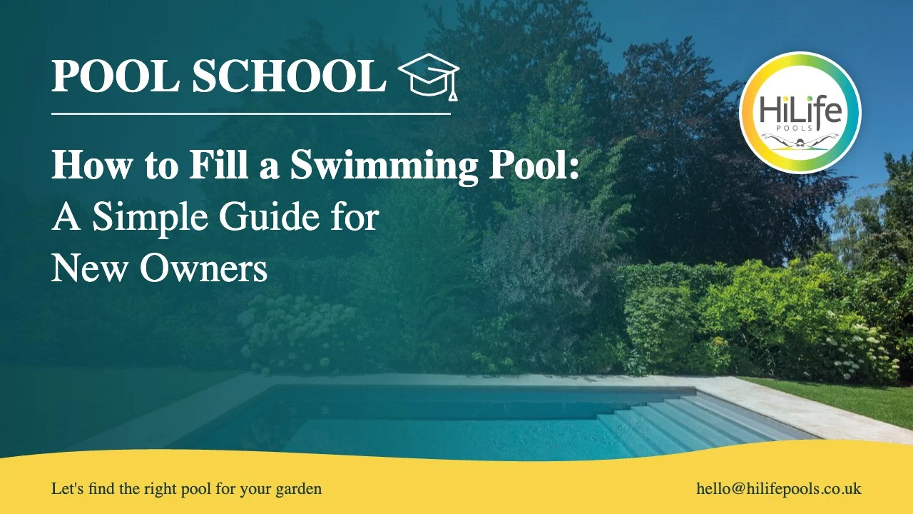 How to fill a swimming pool guide from HiLife Pools, with a pool beside a lawn and mature trees