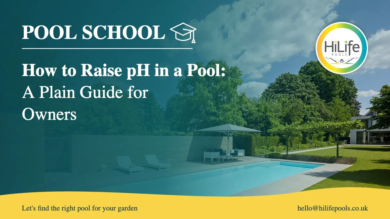 How to raise ph in pool guide from HiLife Pools, with a garden pool, lawn and blue sky