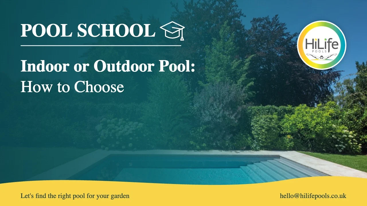 Indoor or outdoor pool guide from HiLife Pools, with a pool beside a lawn and mature trees