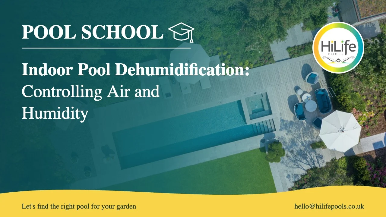 Indoor pool dehumidification guide from HiLife Pools, with an aerial view of a pool and patio