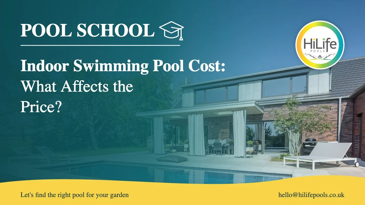 Indoor swimming pool cost guide from HiLife Pools, with a pool beside a covered terrace