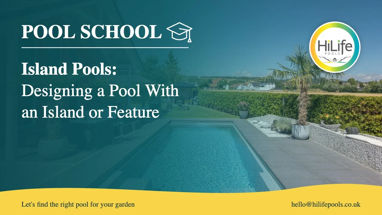 Island pools guide from HiLife Pools, with a long pool with palms and a terrace