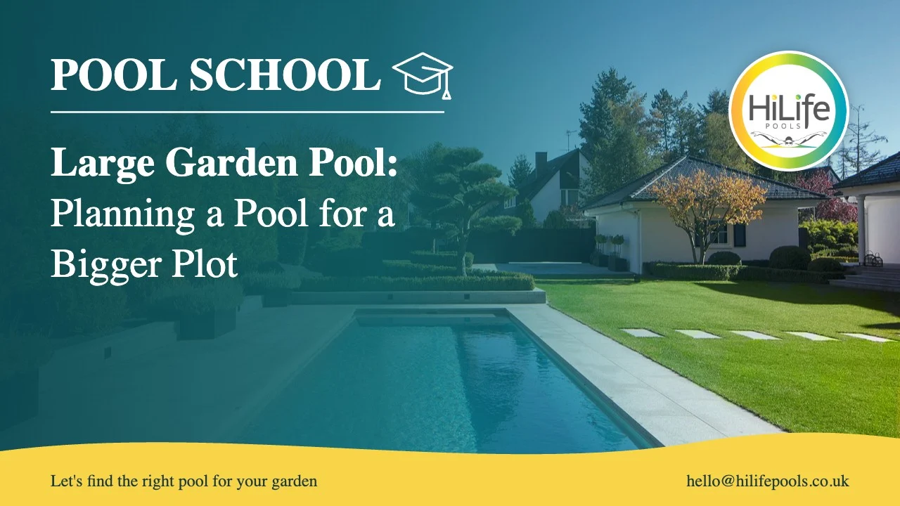Large garden pool guide from HiLife Pools, with a long pool in an autumn garden