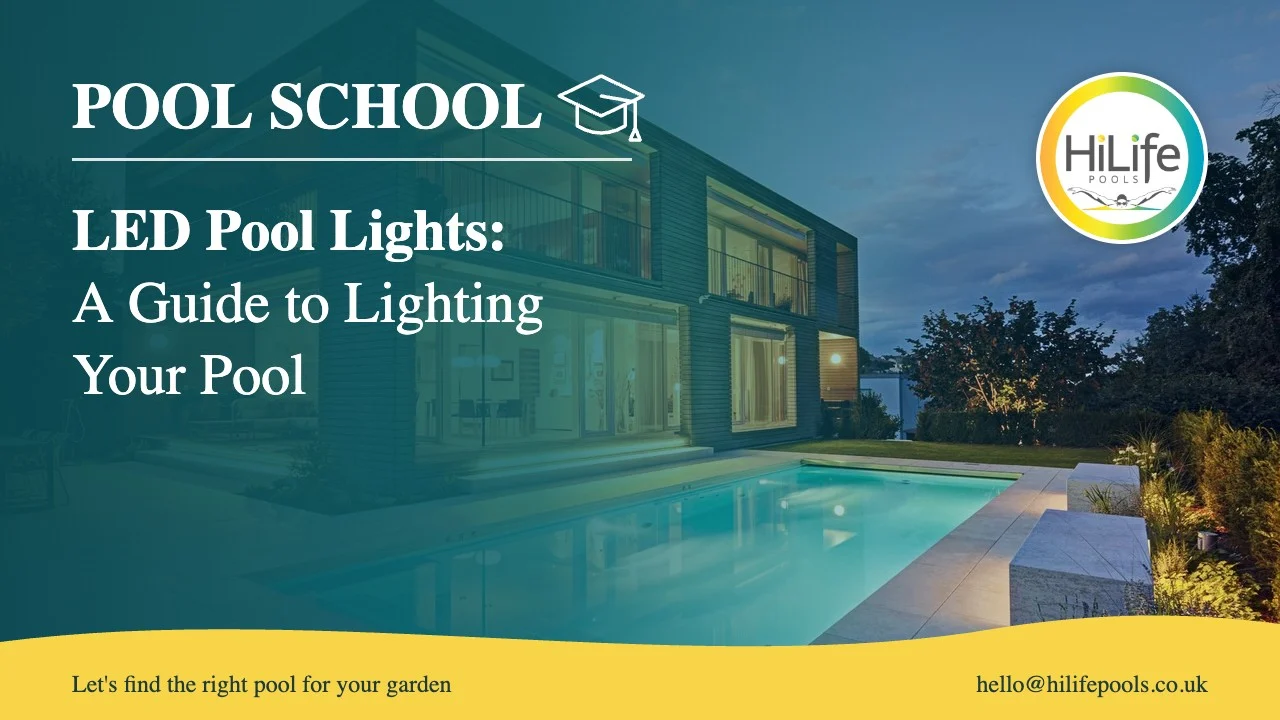 LED pool lights guide from HiLife Pools, with a modern house and pool with evening lights