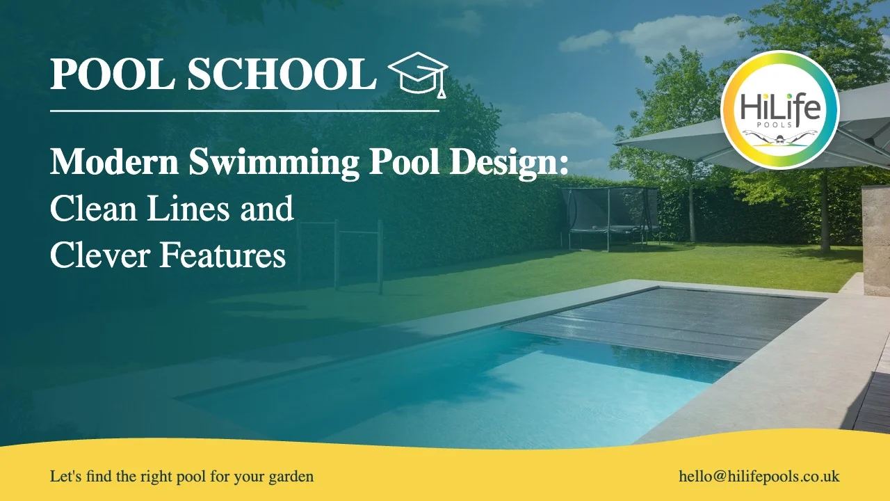 Modern swimming pool guide from HiLife Pools, with a garden pool with a slatted cover