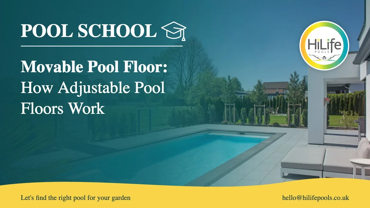 Movable pool floor guide from HiLife Pools, with a pool with a paved terrace.