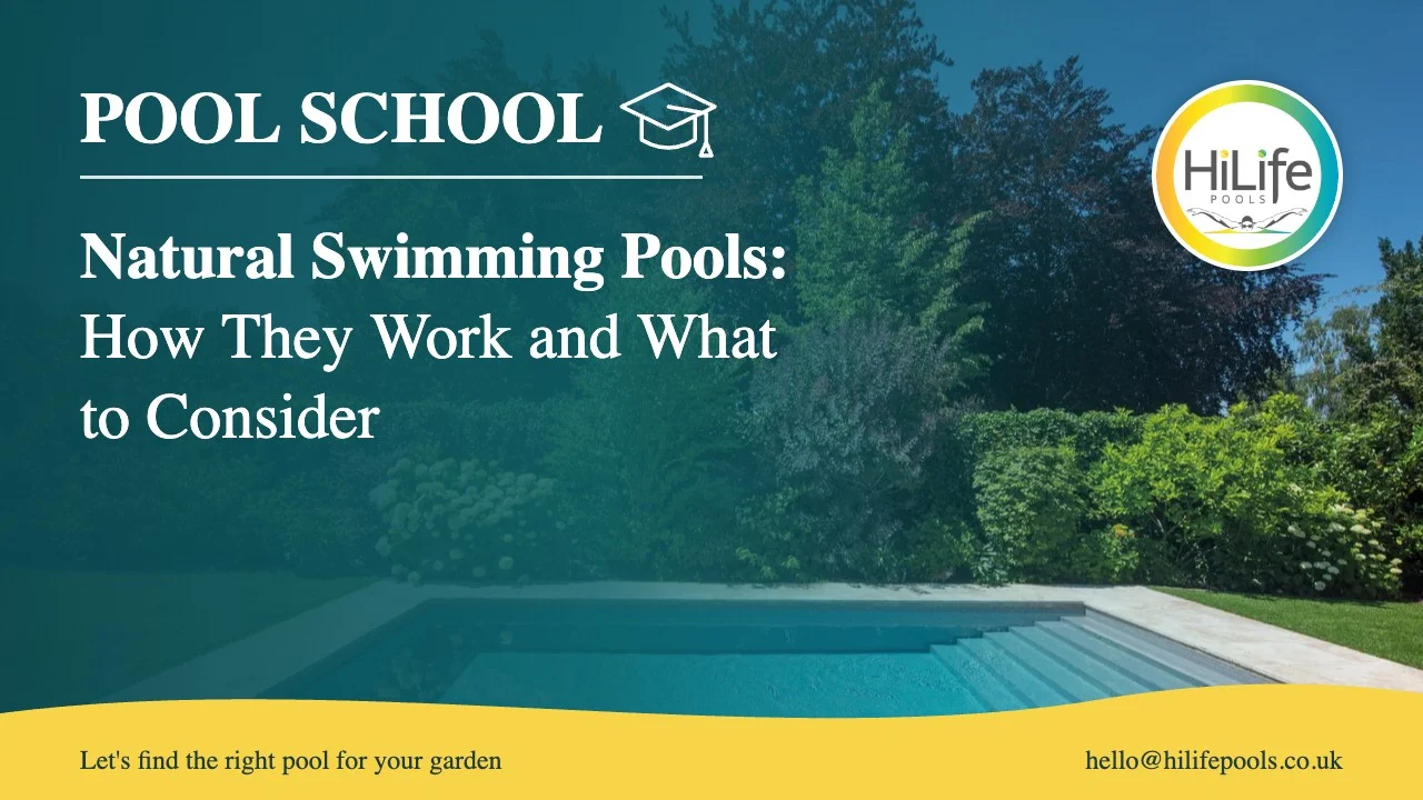 Natural swimming pools guide from HiLife Pools, with a pool beside a lawn and mature trees