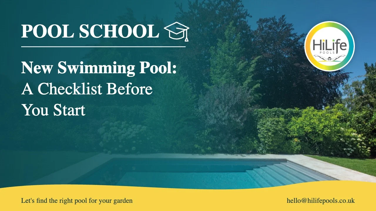 New swimming pool guide from HiLife Pools, with a pool beside a lawn and mature trees.