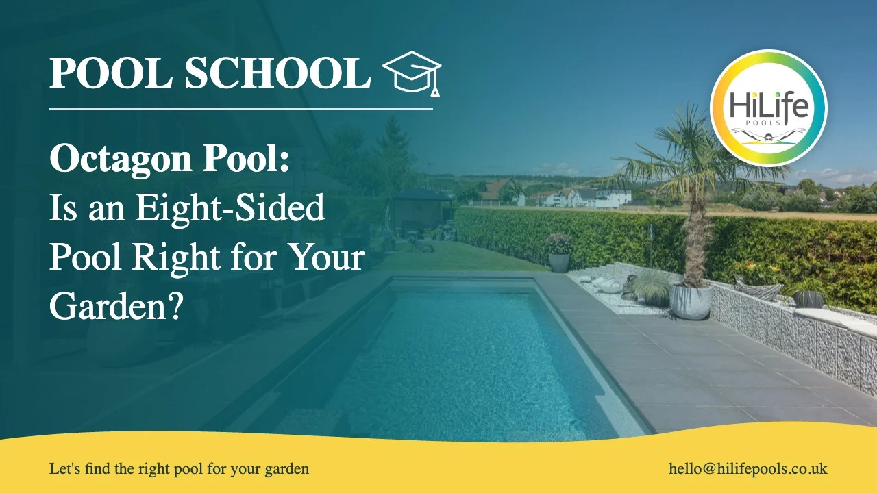 Octagon pool guide from HiLife Pools, with a long pool with palms and a terrace.
