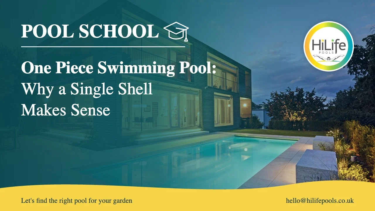 One piece swimming pool guide from HiLife Pools, with a modern house and pool with evening lights.