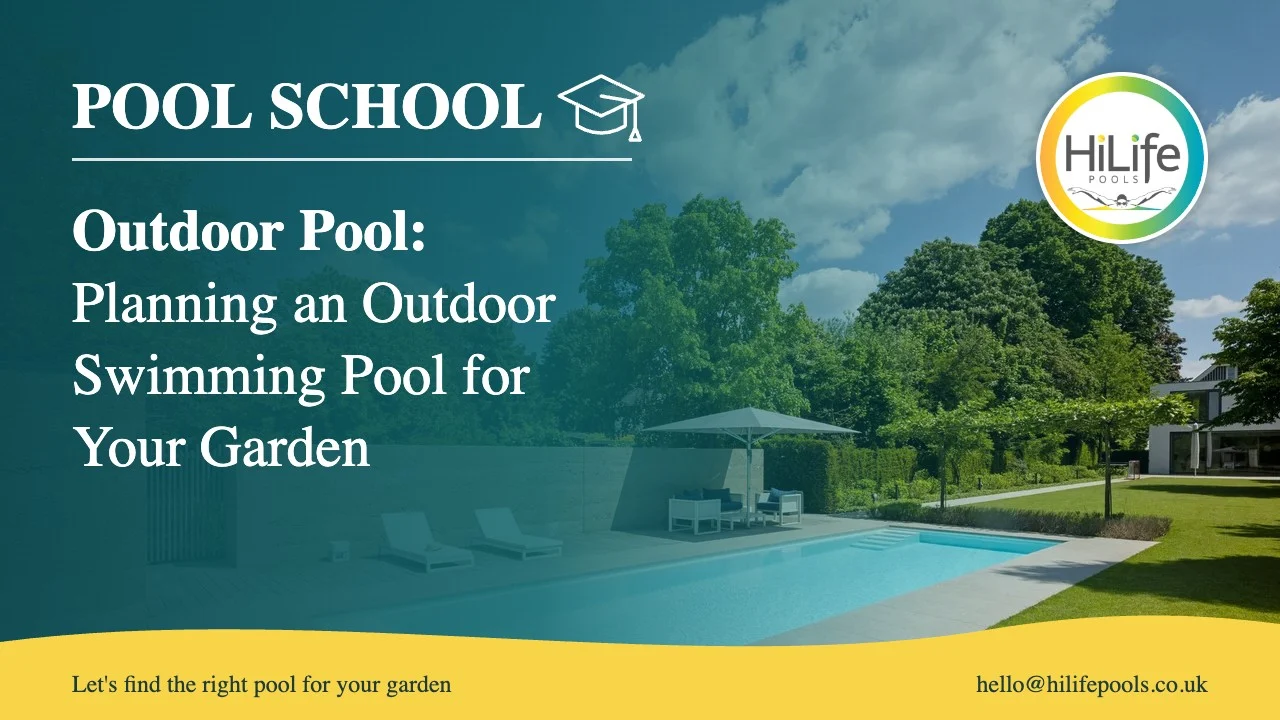 Outdoor pool guide from HiLife Pools, with a garden pool, lawn and blue sky