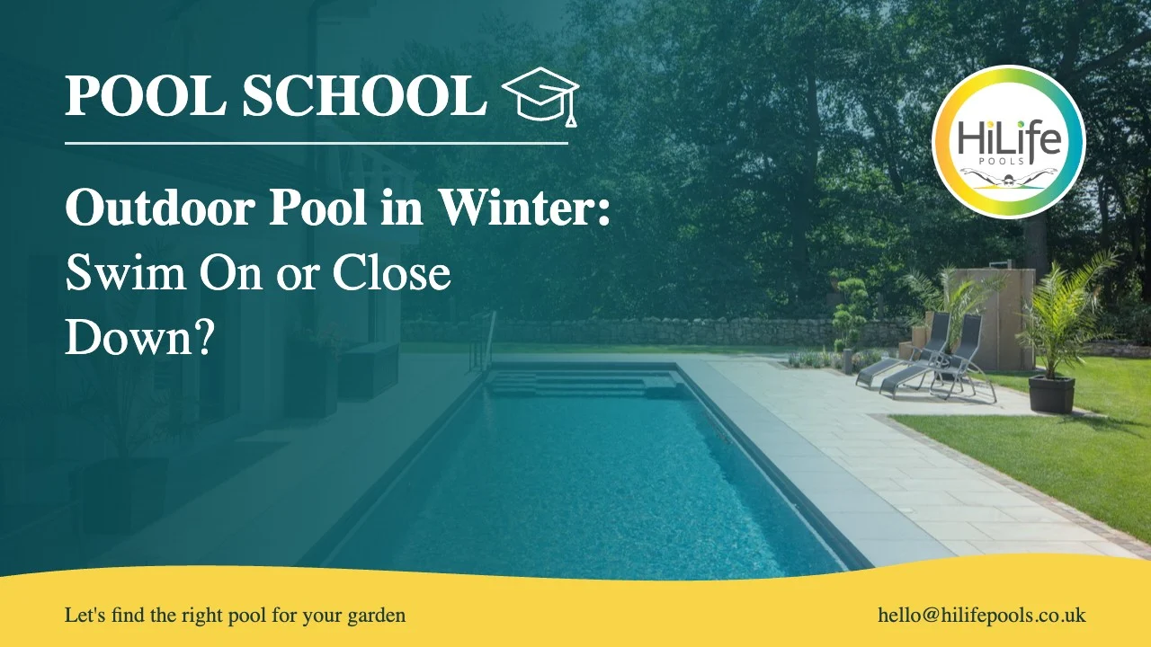Outdoor pool in winter guide from HiLife Pools, with a long pool beside a house