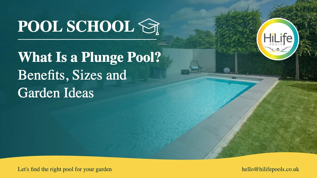 Plunge pool guide from HiLife Pools, with pool steps in a hedged garden