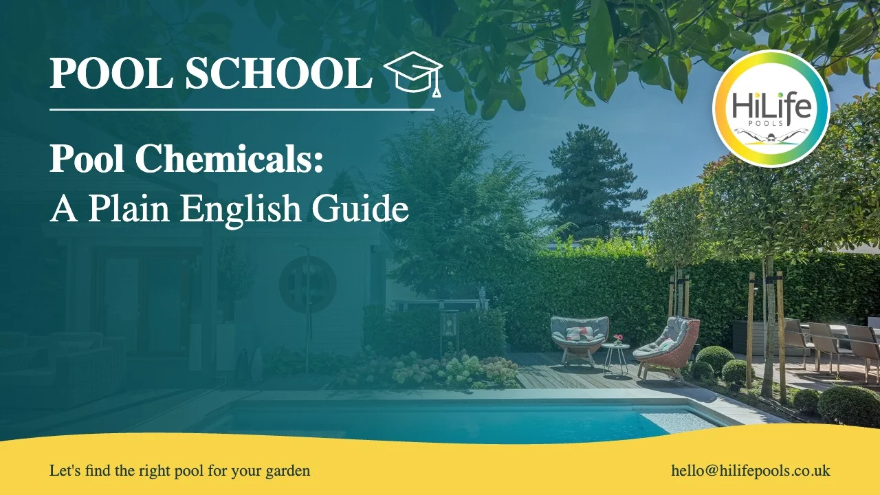 Pool chemicals guide from HiLife Pools, with a pool beside a garden room and planting