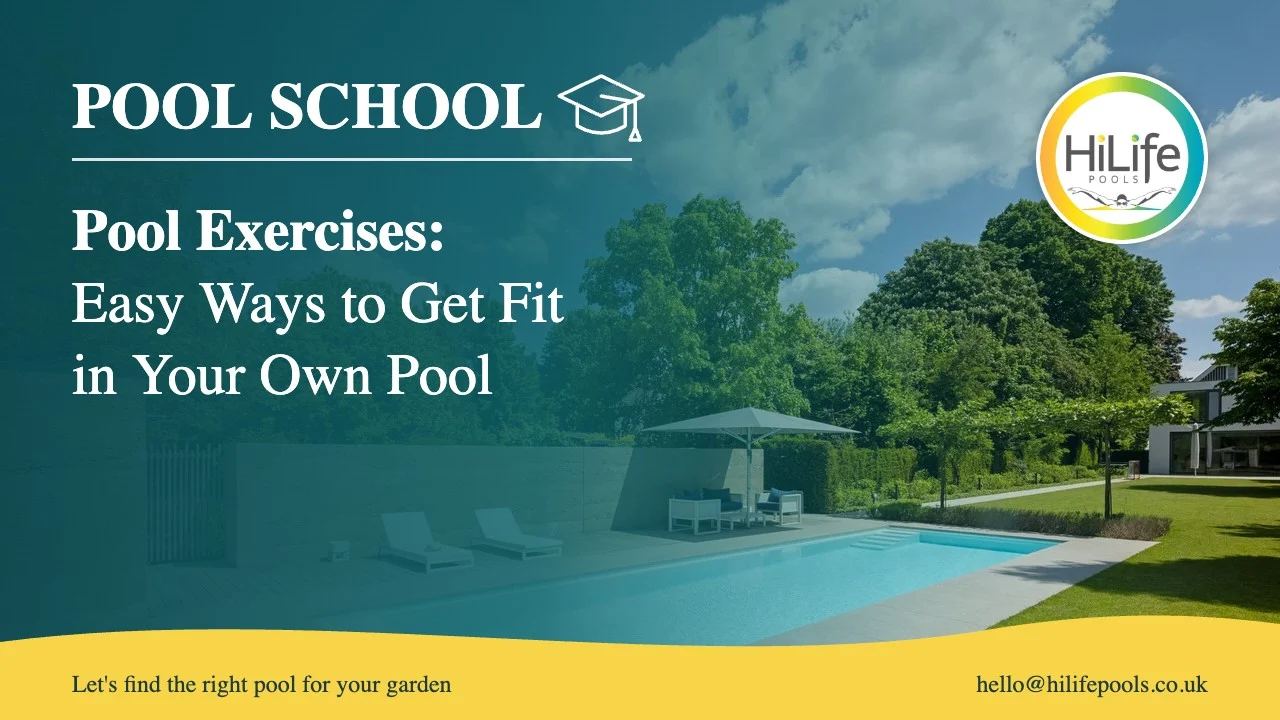 Pool exercises guide from HiLife Pools, with a garden pool, lawn and blue sky