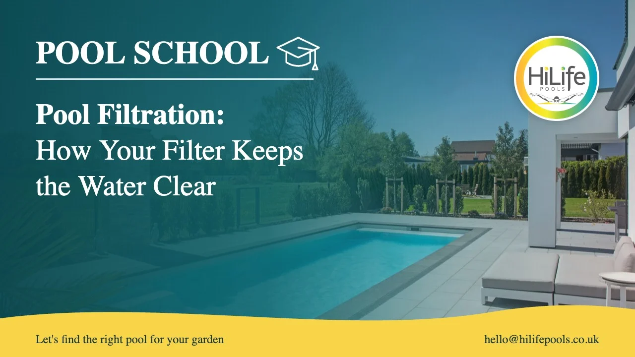 Pool filtration guide from HiLife Pools, with a pool with a paved terrace
