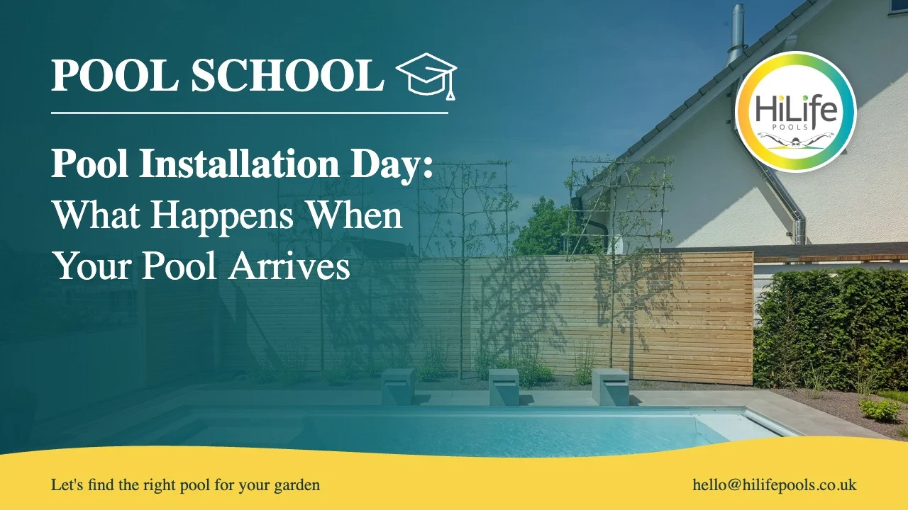 Pool installation day guide from HiLife Pools, with wide entry steps and a timber fence.