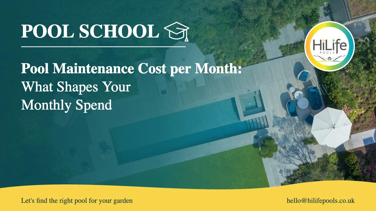 Pool maintenance cost per month guide from HiLife Pools, with an aerial view of a pool and patio