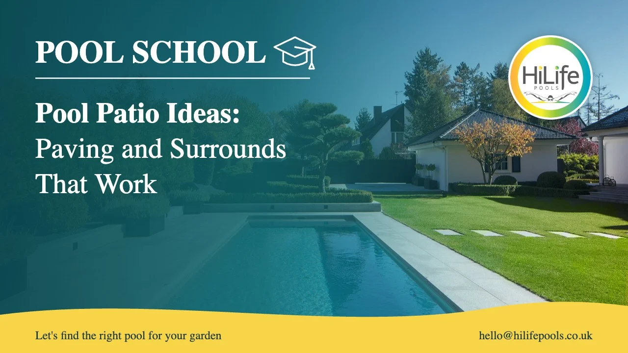 Pool patio guide from HiLife Pools, with a long pool in an autumn garden.