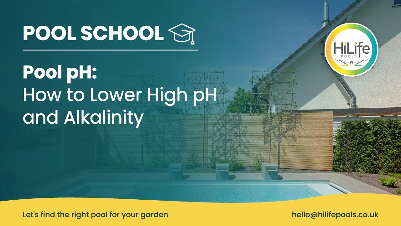 Pool pH guide from HiLife Pools, with clear blue water and wide entry steps