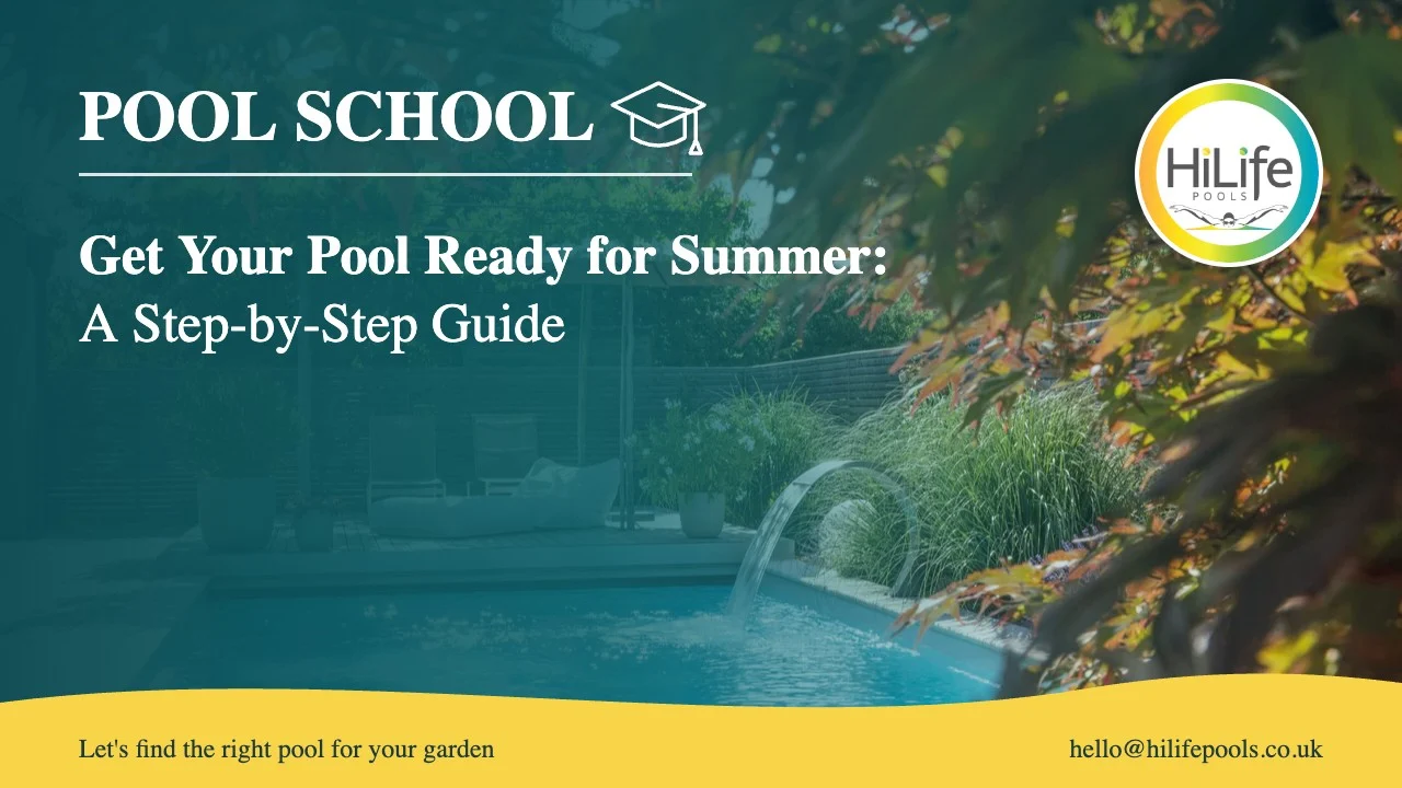 Pool ready for summer guide from HiLife Pools, with a pool with a water feature and autumn colour