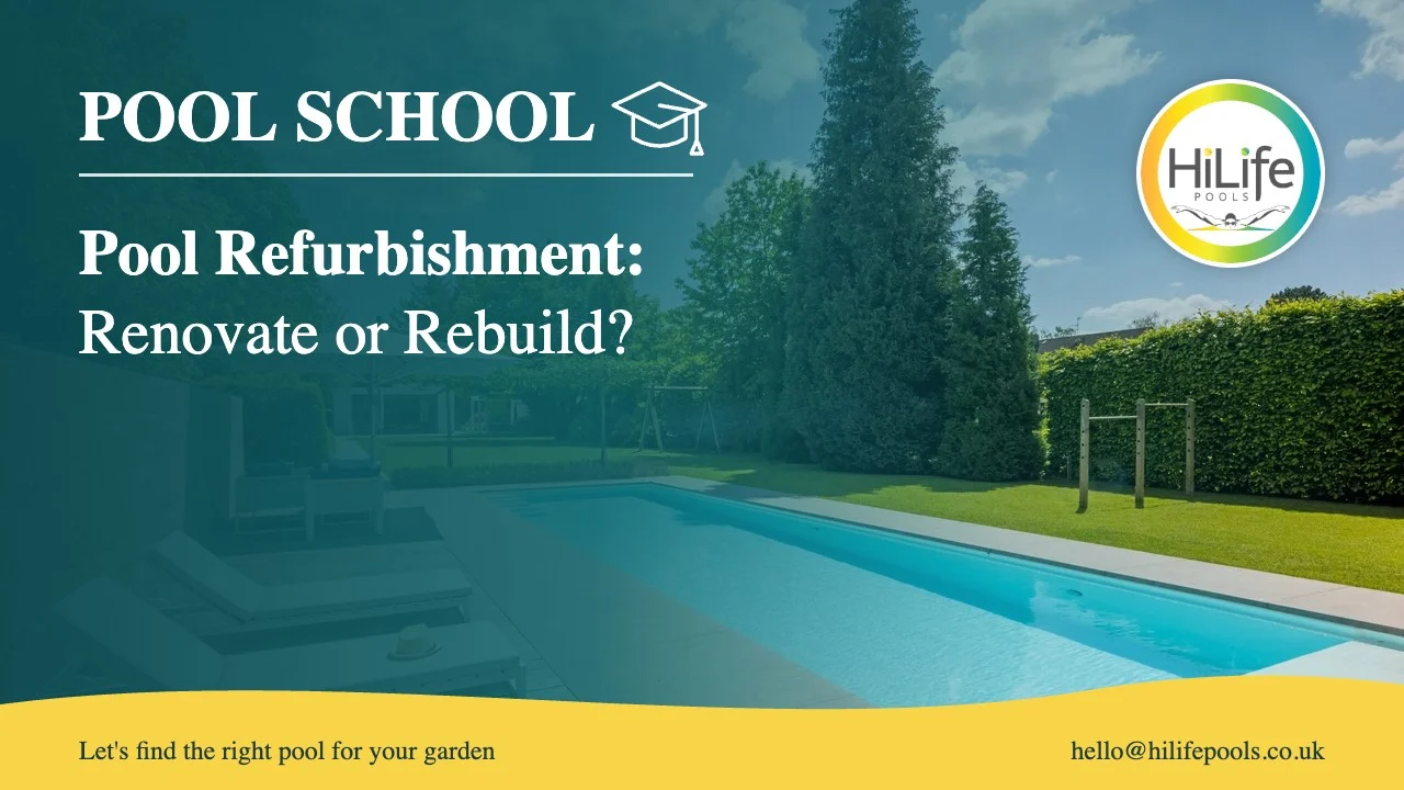 Pool refurbishment guide from HiLife Pools, with poolside decking and sun loungers