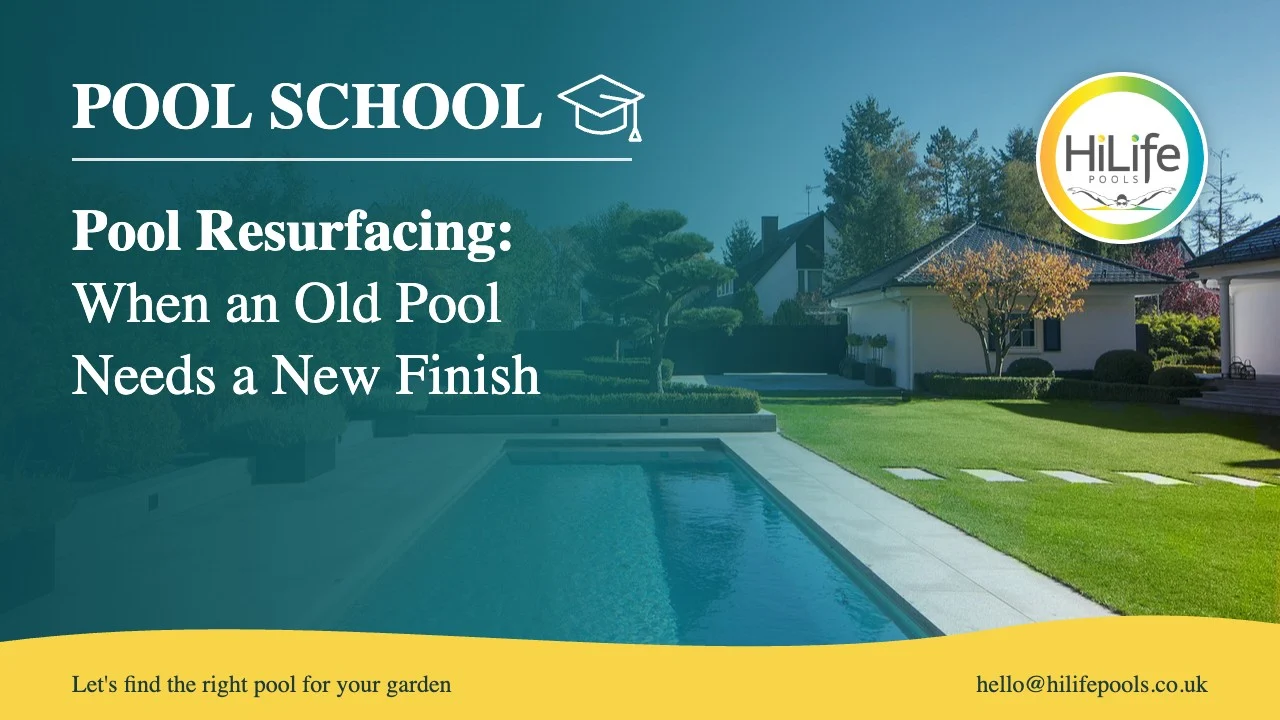 Pool resurfacing guide from HiLife Pools, with a long pool in an autumn garden