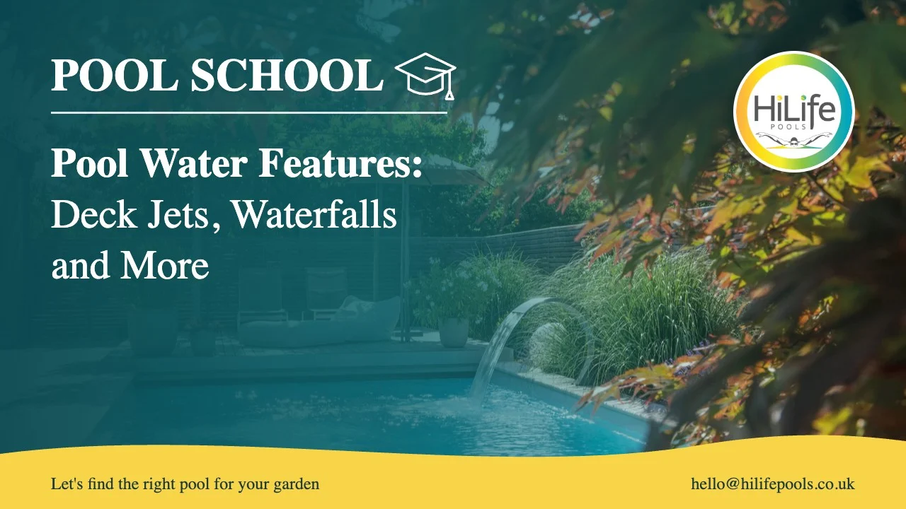 Pool water features guide from HiLife Pools, with a pool with a water feature and autumn leaves