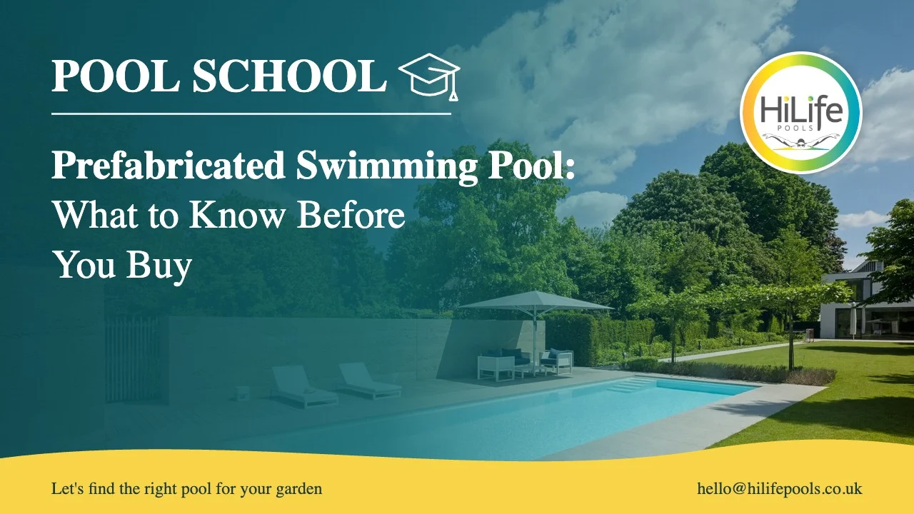 Prefabricated swimming pool guide from HiLife Pools, with a garden pool, lawn and blue sky.
