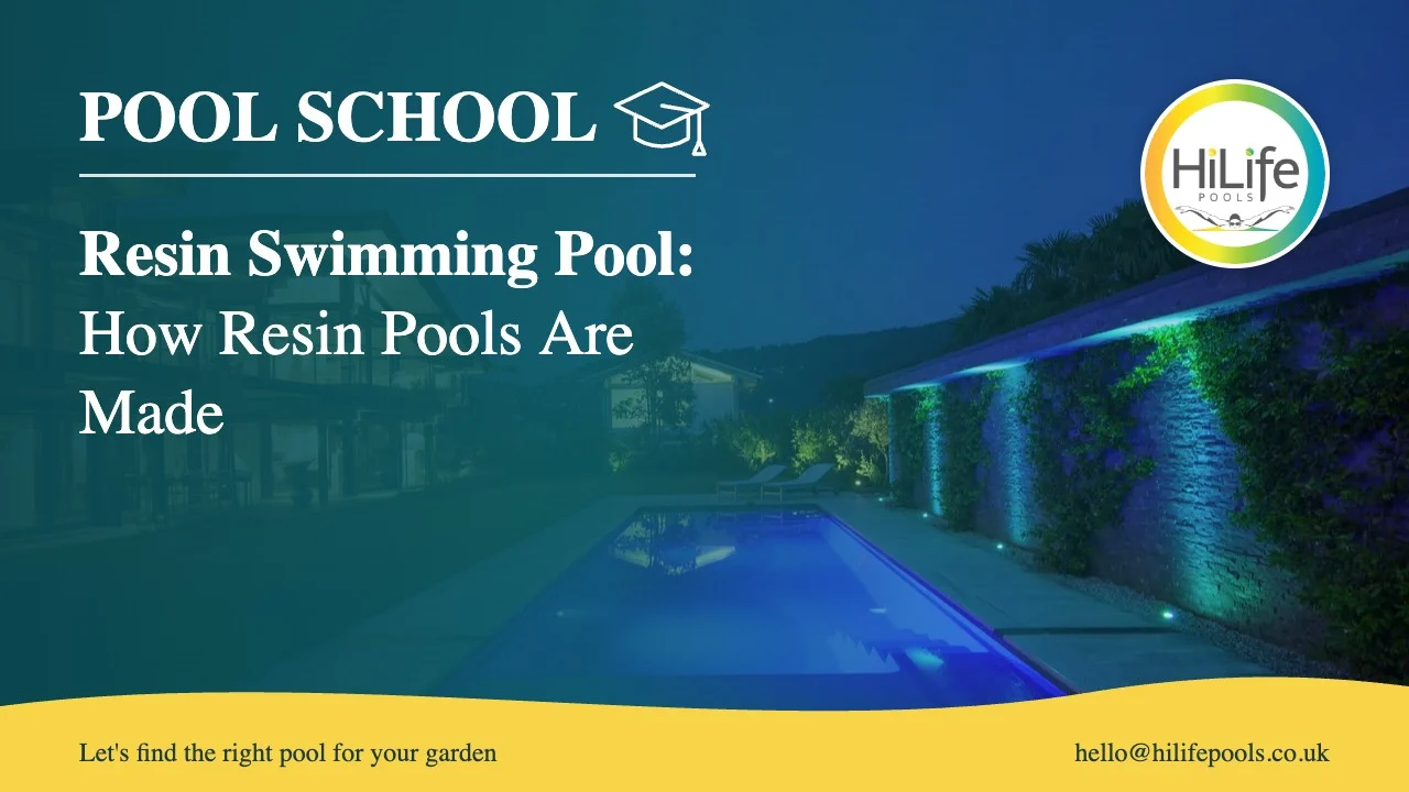 Resin swimming pool guide from HiLife Pools, with a garden pool lit up at night.
