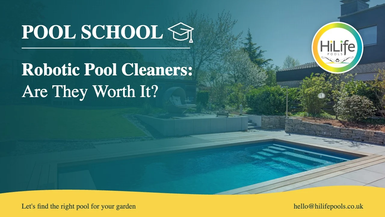 Robotic pool cleaners guide from HiLife Pools, with a pool with a paved surround