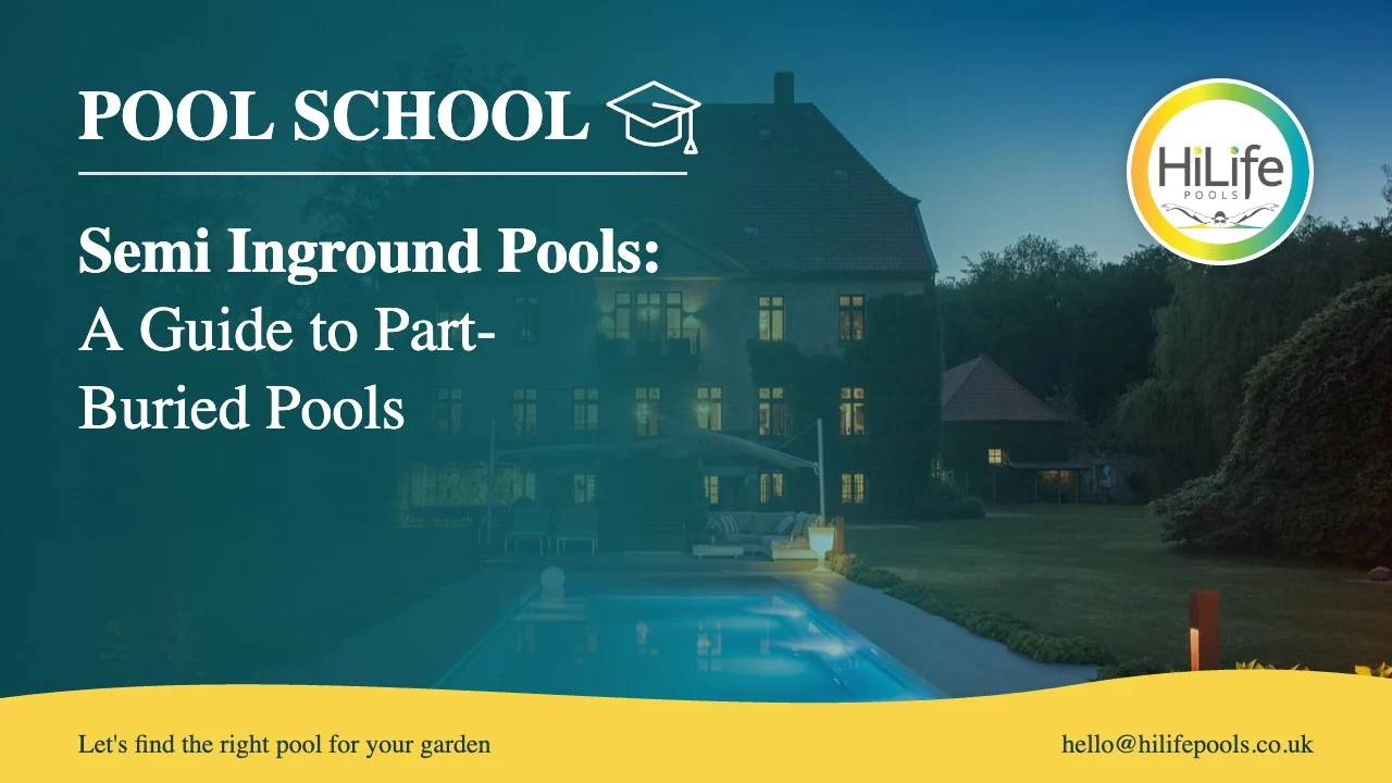 Semi inground pools guide from HiLife Pools, with a pool at dusk beside a period house