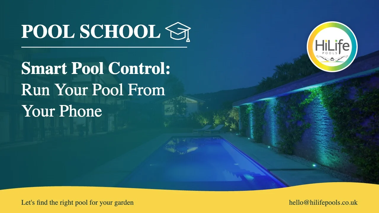 Smart pool control guide from HiLife Pools, with a garden pool lit up at night